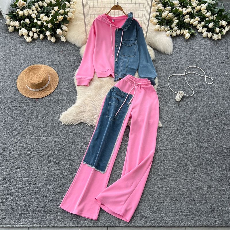 Casual Suit For Women Fashionable Design Splicing Hooded Sweatshirt High Waist Denim Splicing Wide Leg Pants Two Piece Set_voghion.com