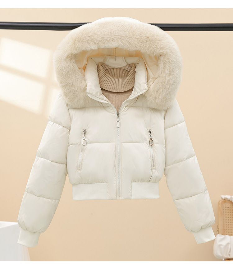 Dicke, kurze Pufferjacke für Damen mit Kunstpelzkapuze – warmer Wintermantel, schmale Passform, Taillenbetonung, Polyester-Außenmaterial, Kaninchenfellbesatz, lässige Oberbekleidung_voghion.com