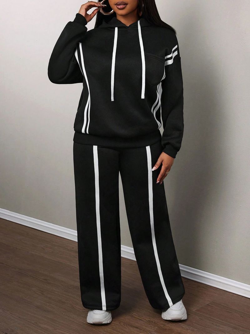 Trendy Striped Hoodie & Jogger Set – Fall-Ready Lounge Wear With Adjustable Drawstring (S-XL) – Soft Polyester For Streetwear Vibes_voghion.com
