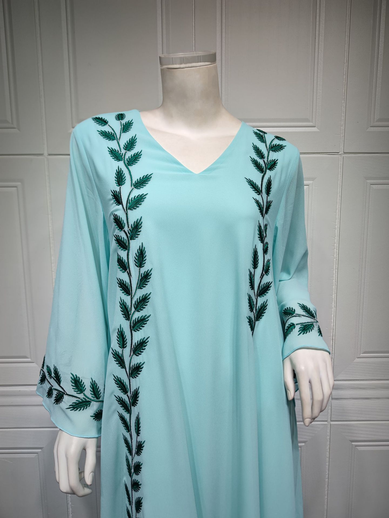 Damenmode Street Chiffon langes muslimisches besticktes rosafarbenes Rundhalskleid mit Hijab_voghion.com