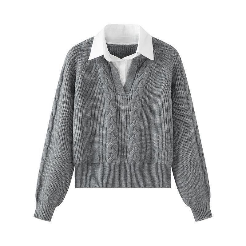 Pull en tricot deux-en-un pour femme - Style vintage décontracté d'inspiration japonaise, col polo, pull en maille torsadée, décontracté et chic_voghion.com