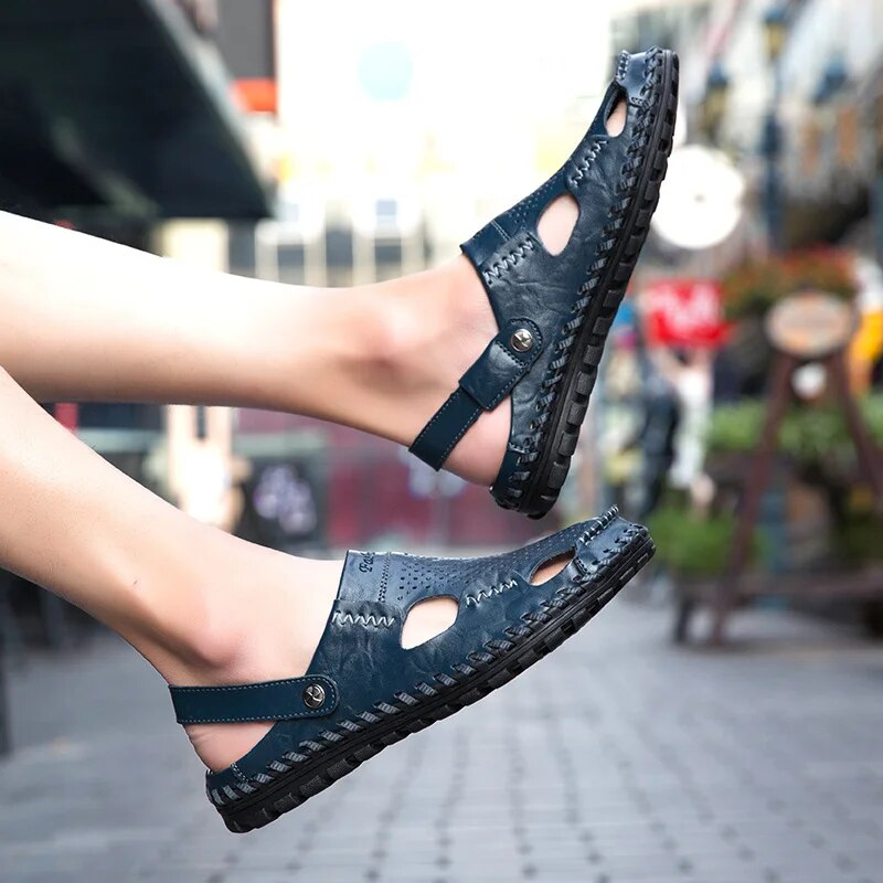 Men's Casual Summer Beach Sandals Closed Toe Walking Outdoor Sandals Slip-On Comfortable Leather Shoes For Man_voghion.com