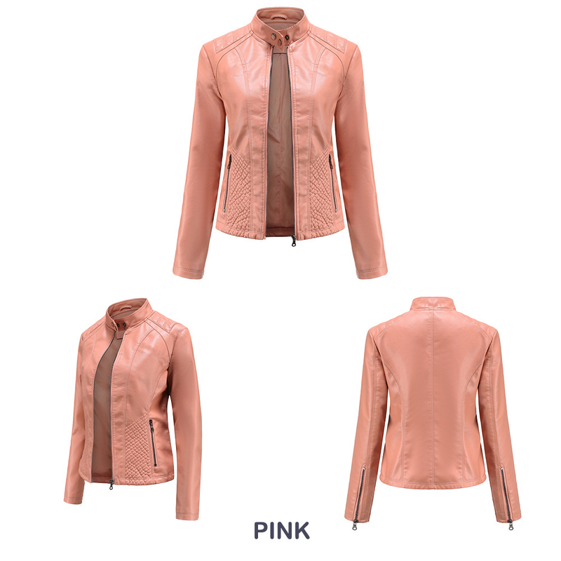 Giacca da motociclista a maniche lunghe, giacca casual in pelle da donna_voghion.com