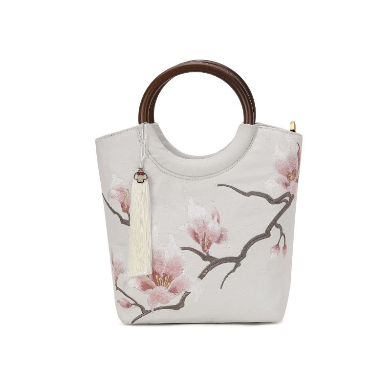 Deep In Magnolia Wood Handle Ethnic National Ancient Style Cheongsam Handheld Bucket Bag Embroidered Handbag_voghion.com