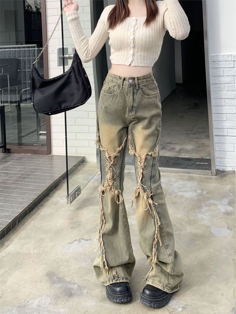 Niche Lace-Up Frayed Design Flared Jeans Women, Sweet And Spicy Style, Straight High Street Pants For Plus Size Women_voghion.com