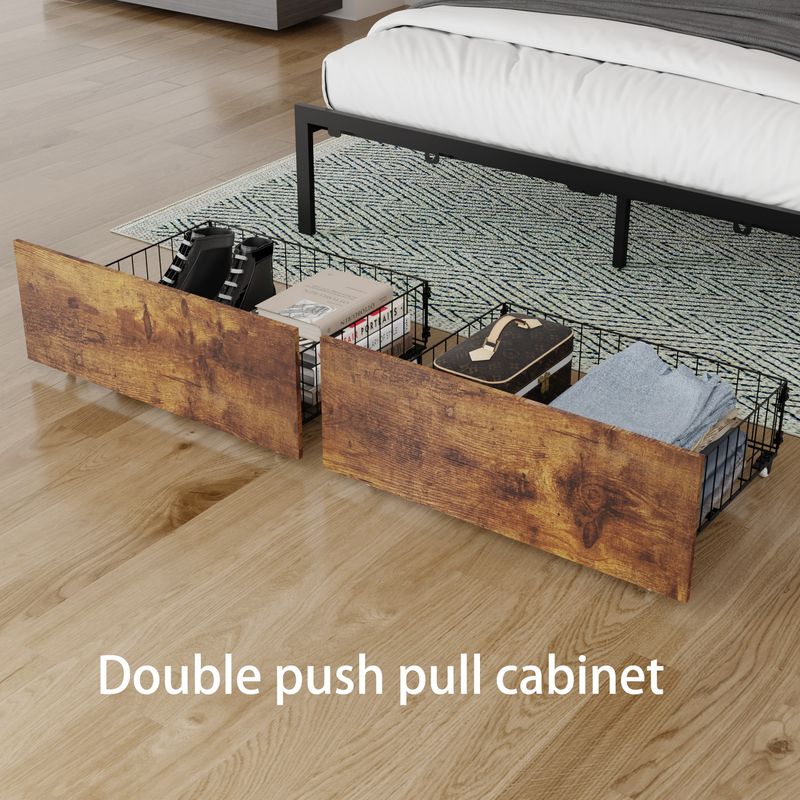 Queen Size Bed Frame With 2 Storage Drawers And LED Lights Headboard, Upholstered King Bed Frame With Charging Station, No Box Spring Needed, Easy Assembly_voghion.com