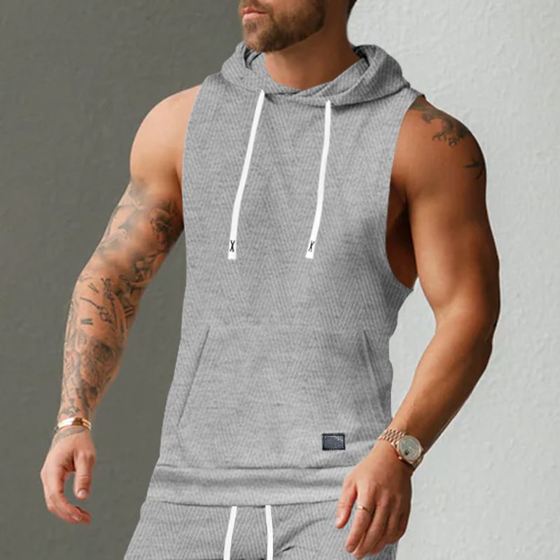 Felpa con cappuccio in maglia jacquard casual da uomo, senza maniche, con tasca applicata e coulisse_voghion.com