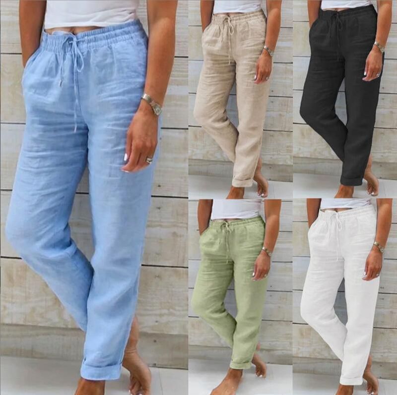 hot selling Sommer til Kvinder Bomuld Linned Højtalje Elastiske Casual Bukser Streetwear Solid Kvindetøj 2024 Pencil Bukser_voghion.com