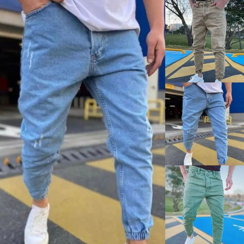 2024 Herbst Slim Fit Heren Jeans Reine Farbe Casual Elastische Taille Jeans Strahl Fuß Streetwear Jogger Denim Hosen_voghion.com