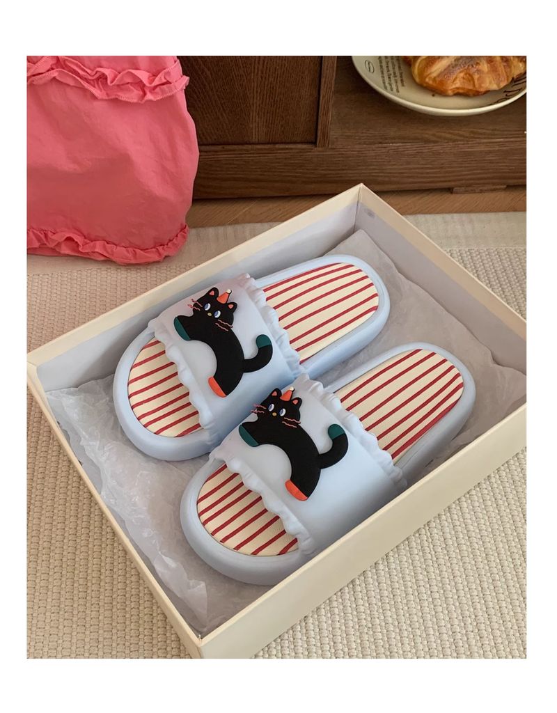 Thin Black Kitten Slippers Women's Summer Outwear Fashion Non Slip Japanese Style Color Matching Casual One-Word Sandals_voghion.com