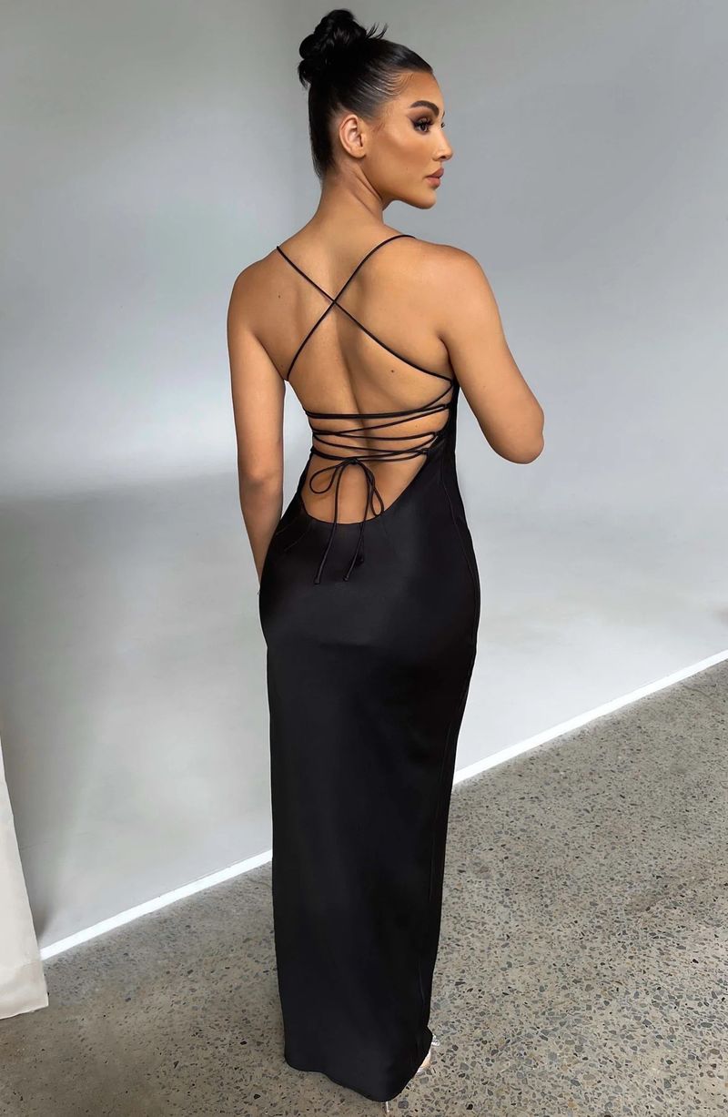 Abito in raso con spacco posteriore e dettaglio allacciato - Abito midi aderente sexy con scollo a V per donna, elegante abito da discoteca e da festa (nero/rosa/smeraldo, S/M/L)_voghion.com