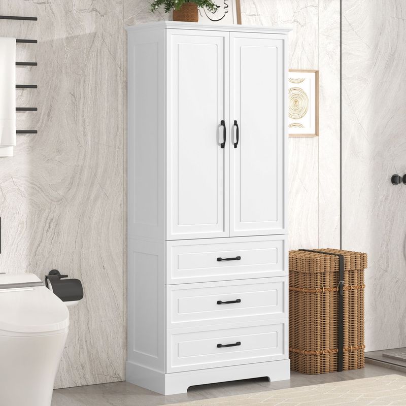 Tall Bathroom Storage Cabinet,Cabinet With Two Doors And Drawers,Adjustable Shelf,MDF Board,White_voghion.com