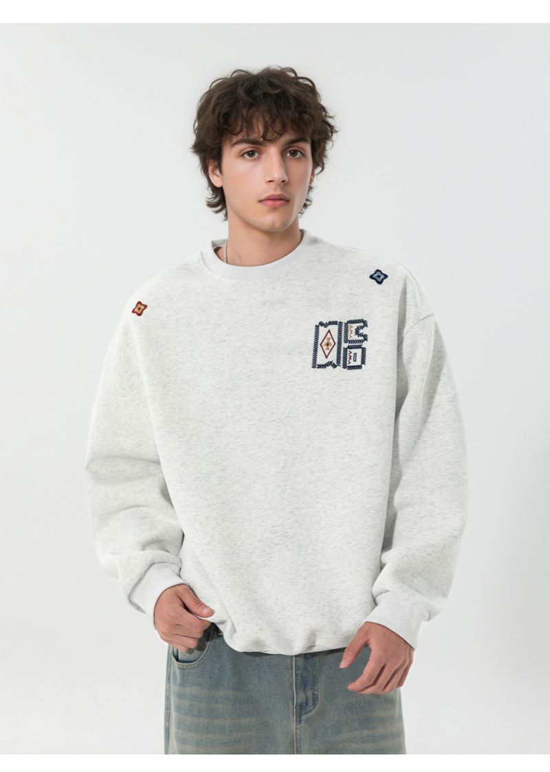Ethnic Style Contrast Color Embroidered Heavyweight Crewneck Sweatshirt Men's Autumn Fashion Loose Fit Pullover Top_voghion.com