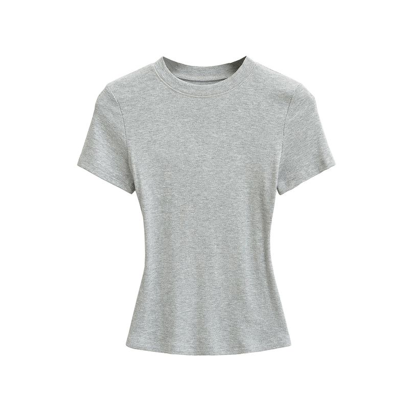 Maglietta sportiva elastica a maniche corte attillata in filo da donna, estiva, aderente, con scollo rotondo, tinta unita_voghion.com