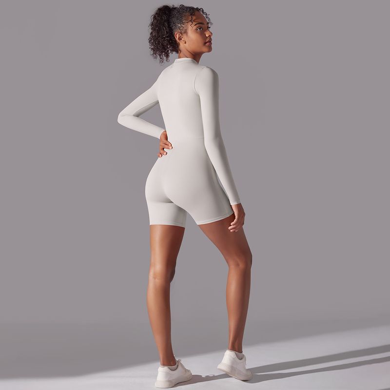 New Zipper Shorts Running Sports Fitness Solid Color Three-Point Open Collar Yoga Wear Tight High Elastic One-Piece_voghion.com