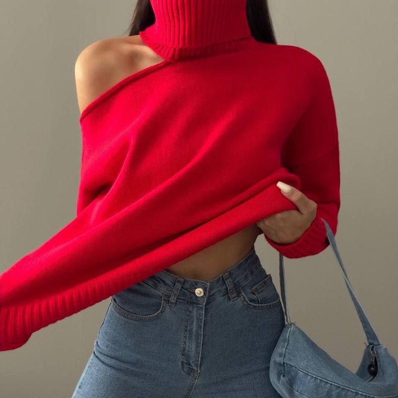 Women's Clothing 2024 autumn new women's clothing pure desire style off shoulder half high collar slim all match knitted sweater_voghion.com