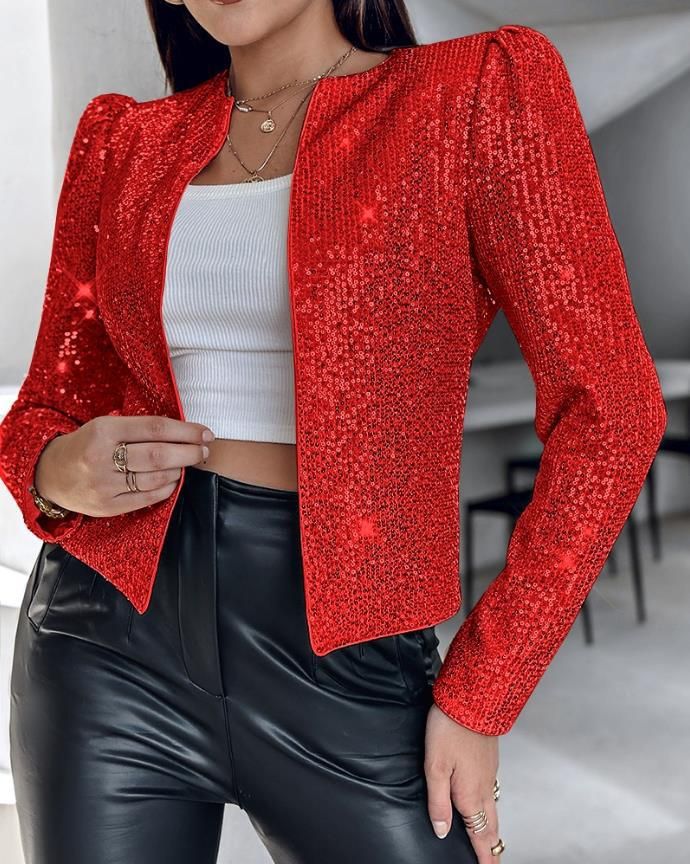 Women's Clothing fashion round neck color matching sequins short casual versatile small suit jacket_voghion.com
