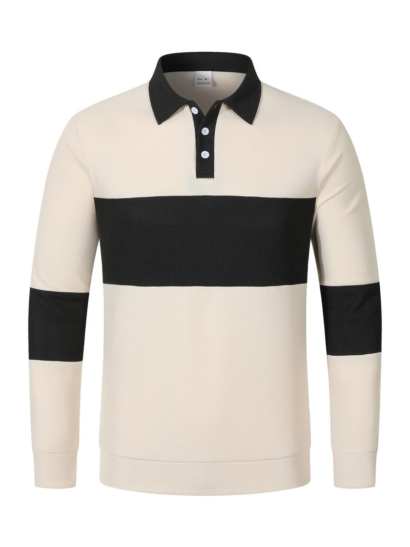 Herren-Poloshirt mit Waffelstrick und Kontrastfarbe, langärmelig – Locker geschnittenes, lässiges Hemd mit Button-Down-Kragen für den Herbst_voghion.com