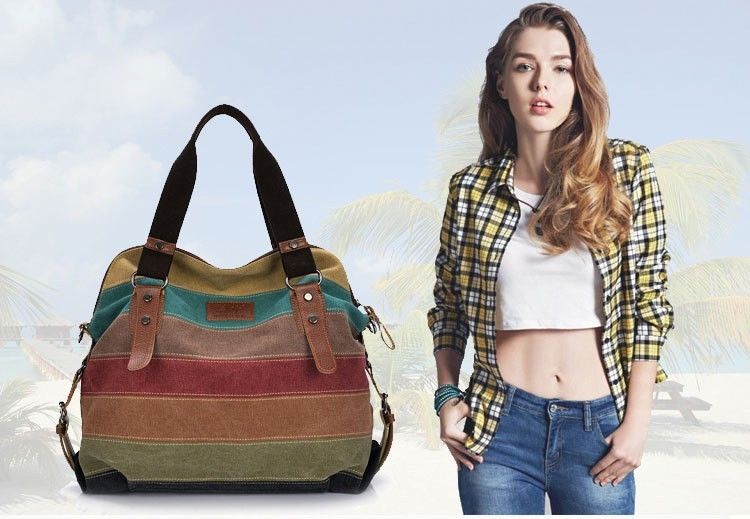 Borsa a mano da donna a righe in tela 2021 Borsa a tracolla casual femminile con tracolla patchwork arcobaleno moda Sac A Main_voghion.com