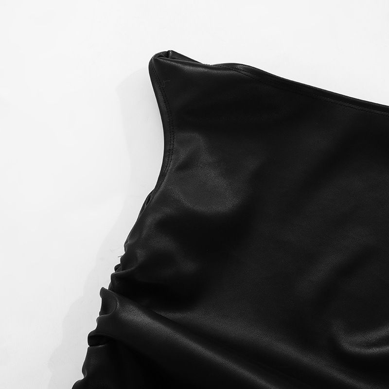 Y24TP647 Women's Autumn/Winter Twisted Strap Off Shoulder Leather Folded Short Open Umbilical Top T-shirt_voghion.com