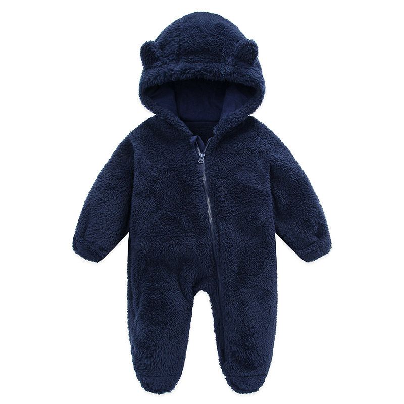 Soft Fleece Hooded Baby Jumpsuit With Mittens - Unisex Cartoon Style Infant Romper For Newborns - Cozy Zipper Closure, Long Sleeve, Neutral Colors_voghion.com