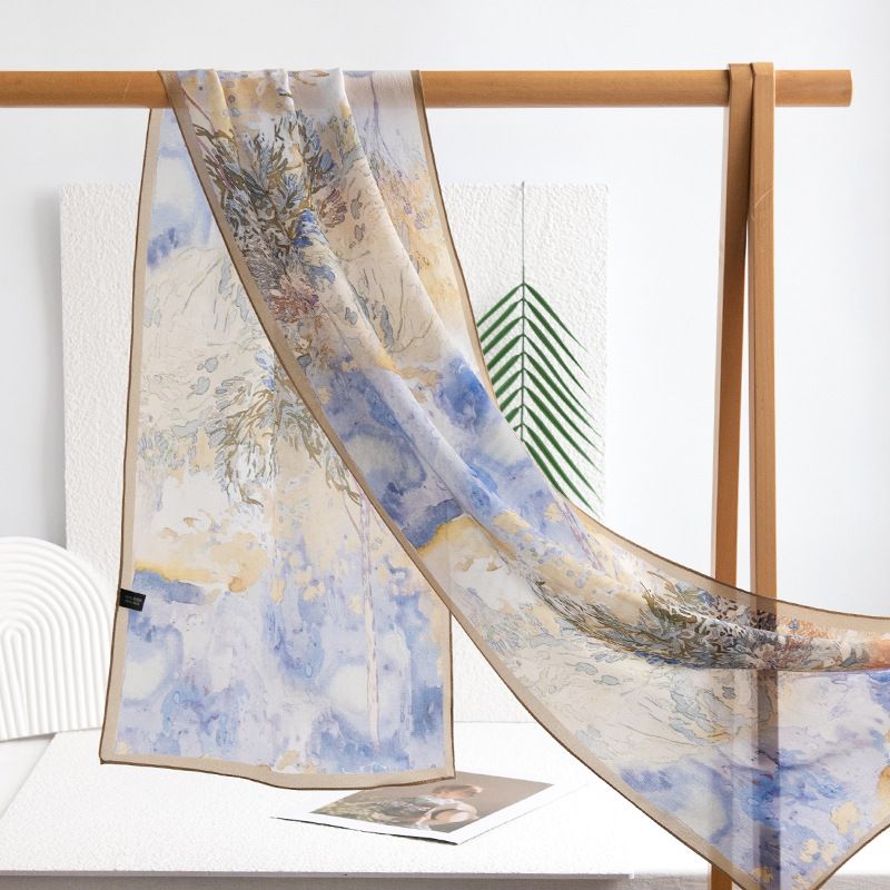 Seta di gelso, Sciarpa di seta, Versatile Ink Halo Dyed stampato a rasatura lunga da donna Primavera/Estate 2024, Scialle di protezione solare,_voghion.com