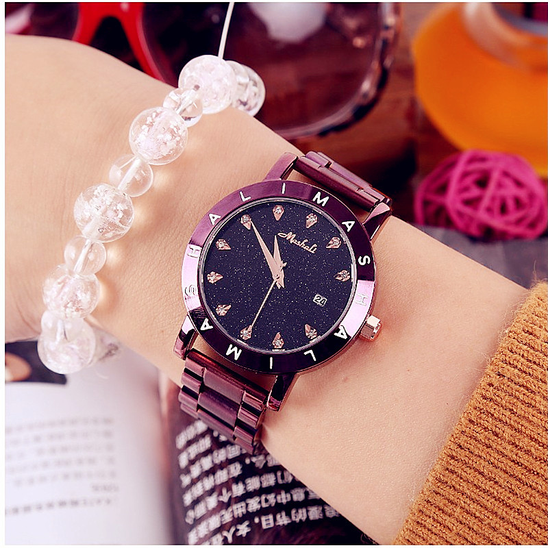 Mary/Full Sky Star Diamond Solid Color Acciaio Donna Orologio Casual Moda Quarzo Versatile con Doppio Pulsante_voghion.com