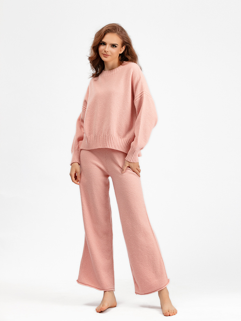Dammekleeder Hierscht a Wanter nei Moud Casual Strickkostüm Hosen Dammenversioun locker Pullover Breetbeen Hosen Hosen Zwee-Stéck Set_voghion.com
