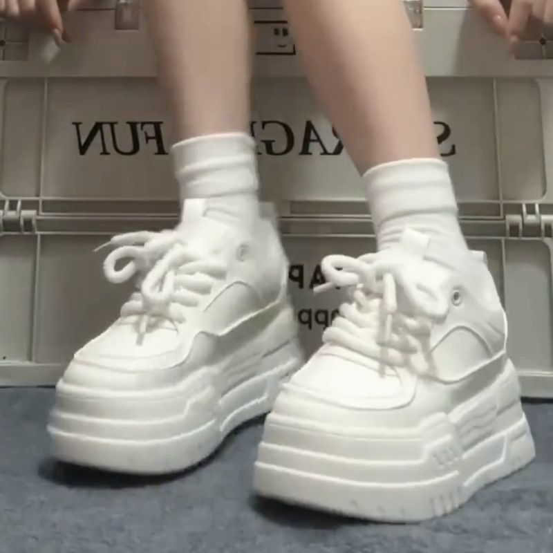 Sneakers Summer Platform Thick Sole White Round Toe Lace-up Bread Board Height Increasing Casual Shoes For Women_voghion.com