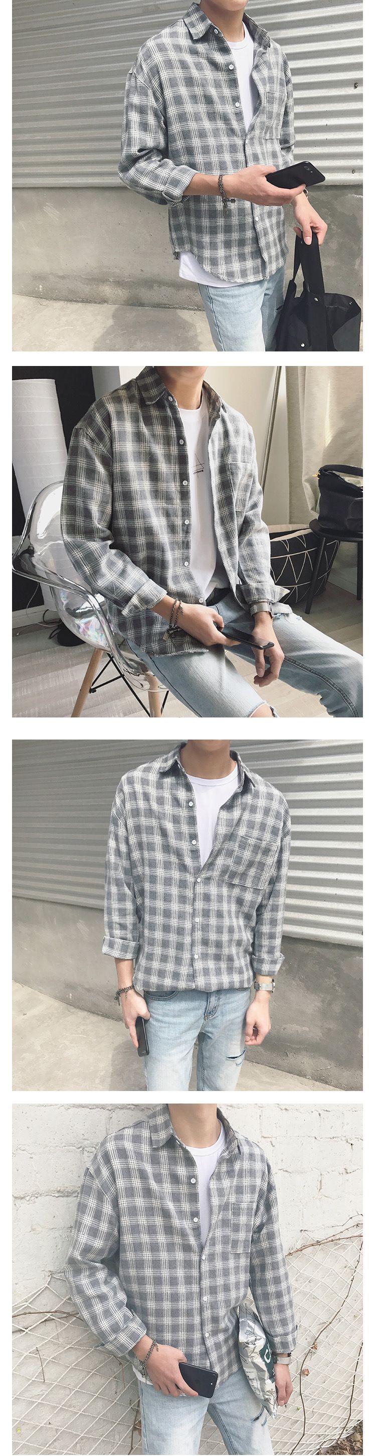 Neues Sommer-Herren-Langarm-Plaid-Slim-Fit-Hemd im koreanischen Stil, trendig, hübsch, lässig_voghion.com