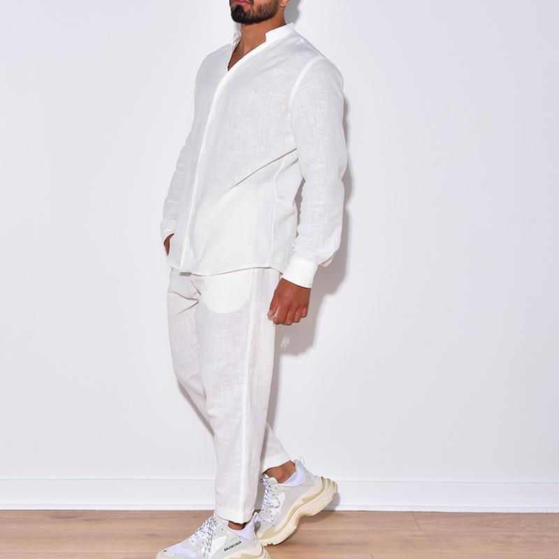 Sports men's linen, autumn casual set, long sleeved fashionable work suit, two piece pants set_voghion.com