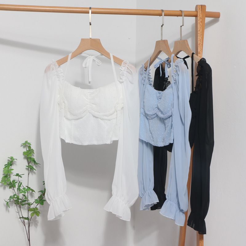 Blusa corta con cuello cuadrado y hombros descubiertos, primavera 2023, nueva blusa de manga larga con cuello halter y lazo para mujer 8876_voghion.com