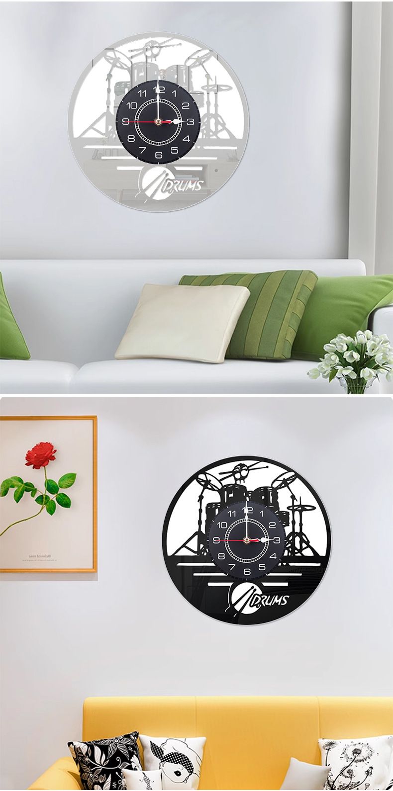 Black rubber acrylic drum stand living children's room, wall mounted clock, silent clock_voghion.com