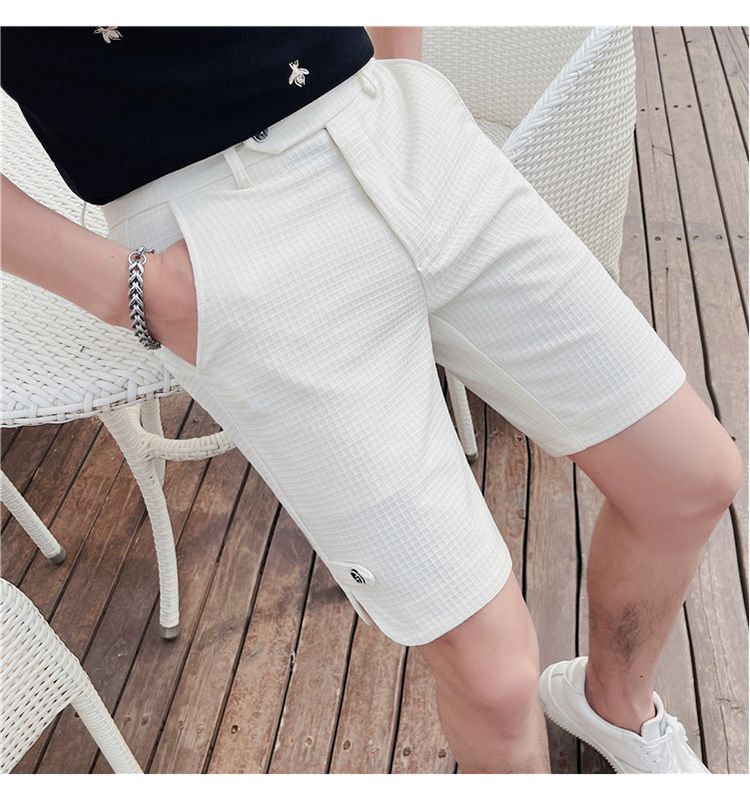 Summer new Internet celebrity trend waffle fabric casual shorts British temperament men's slim-fitting five-point pants_voghion.com