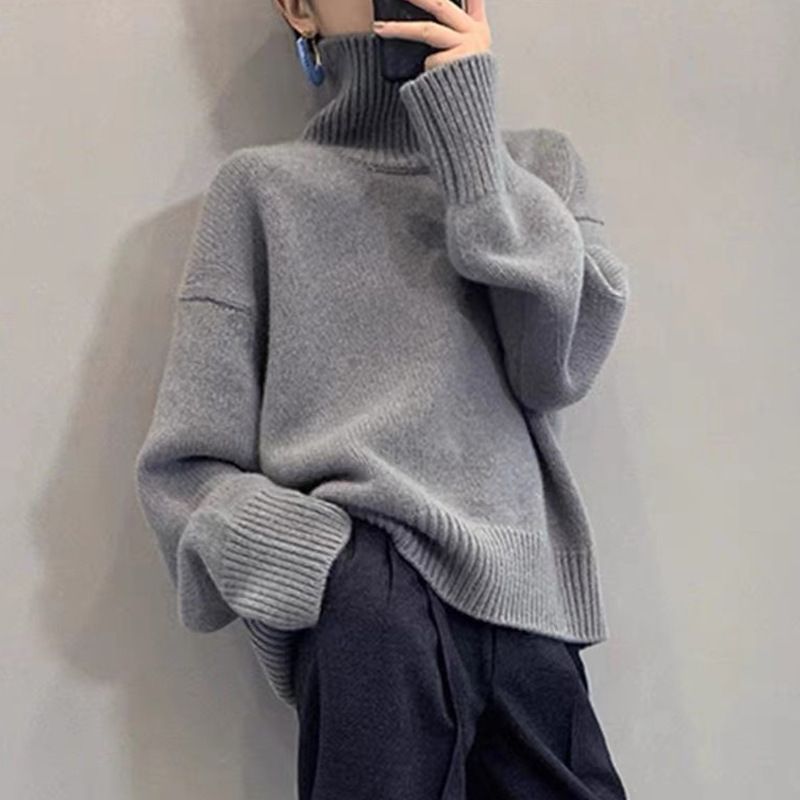 Women's Oversized High Neck Sweater - Soft Knit Pullover With Relaxed Fit, Cozy Winter Casual Tops In Solid Colors (Gray, Camel, Beige, Black, Red)_voghion.com
