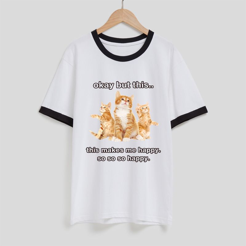 Loose Color Block Short Sleeve For Women With Back Collar, Summer Cat Print Round Neck Versatile T-shirt Wrinkle Dress_voghion.com