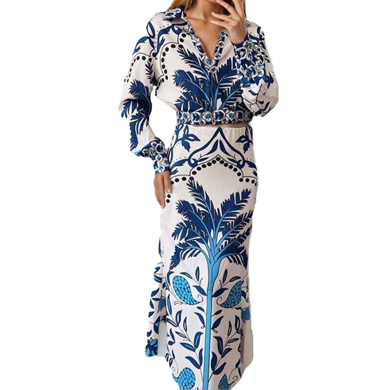 Damenbekleidung Neuer Damenrock mit V-Ausschnitt und langen Ärmeln im Retro-Print im Frühjahr, fauler Stil, lässiger Modeanzug_voghion.com
