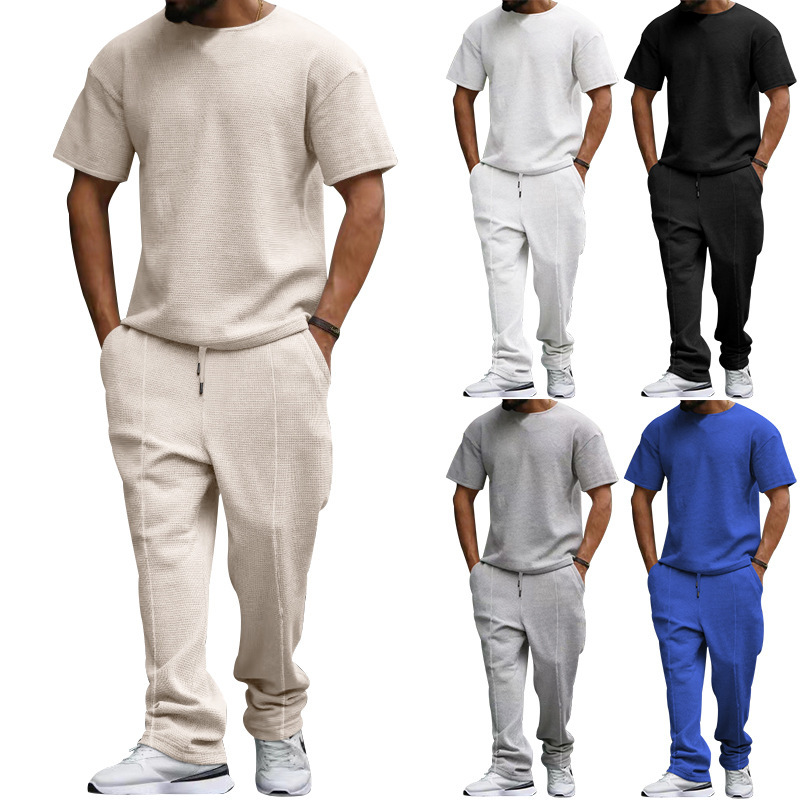 men's short-sleeved trousers suit heavyweight waffle oversize large size round neck casual suit_voghion.com