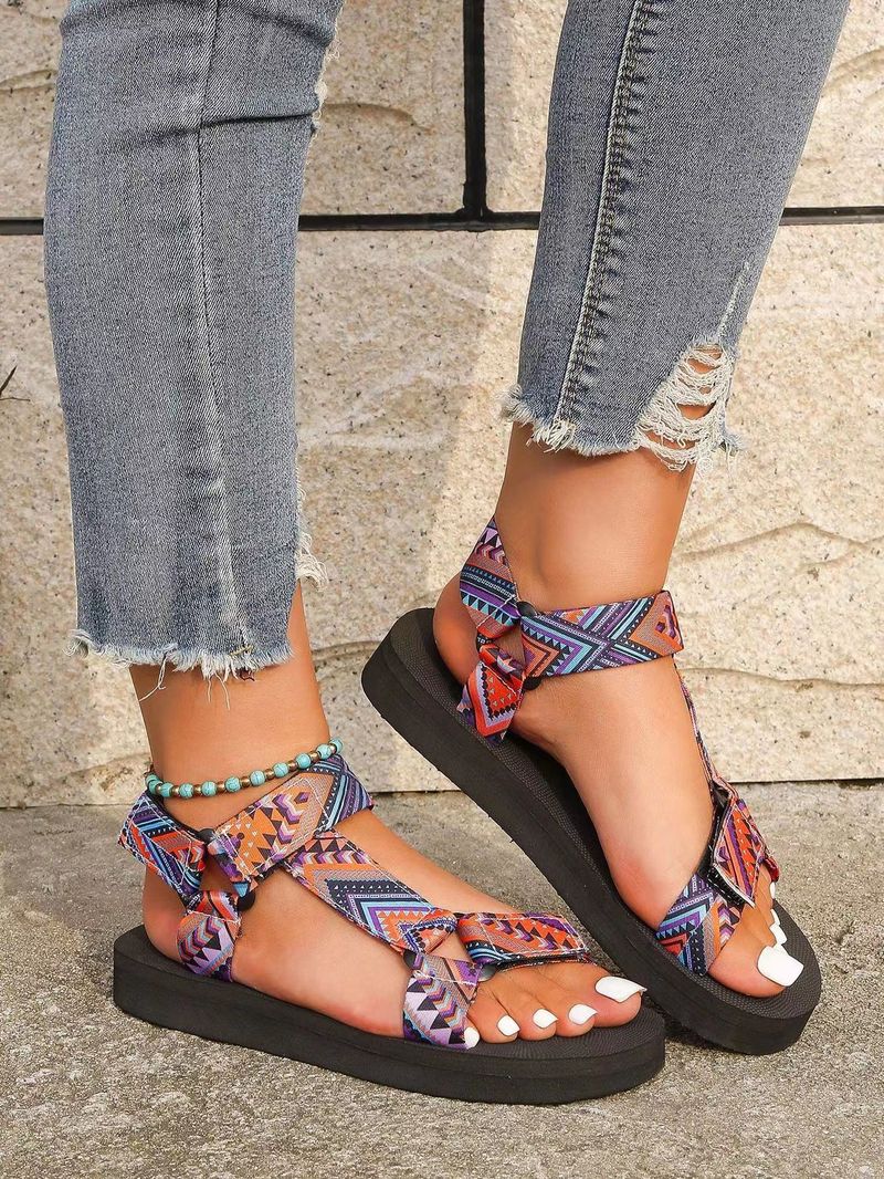 Sandali da spiaggia con velcro, stile etnico, con suola sottile, stampati e oversize, da donna, primavera/estate 2025_voghion.com
