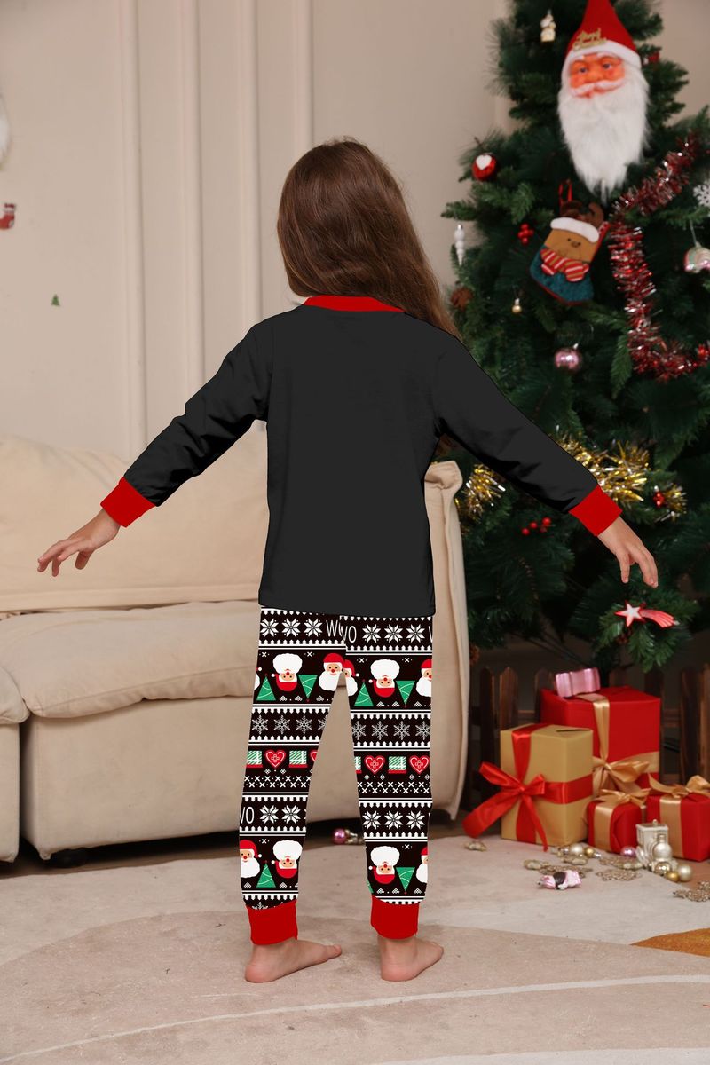 Flammhemmender Stoff Neue Kinderkleidung Weihnachtsmütze Buchstabendruck Heimkleidung für Jungen und Mädchen Langarmhose Schwarzer Pyjama_voghion.com