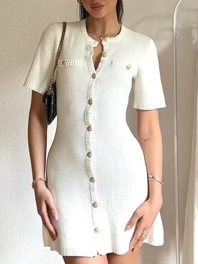 Damenbekleidung Herbst- und Wintermode Rundhals Slim Fit Kleid Knopf Einfarbig Gefälschte Tasche A-Linie Strickrock_voghion.com