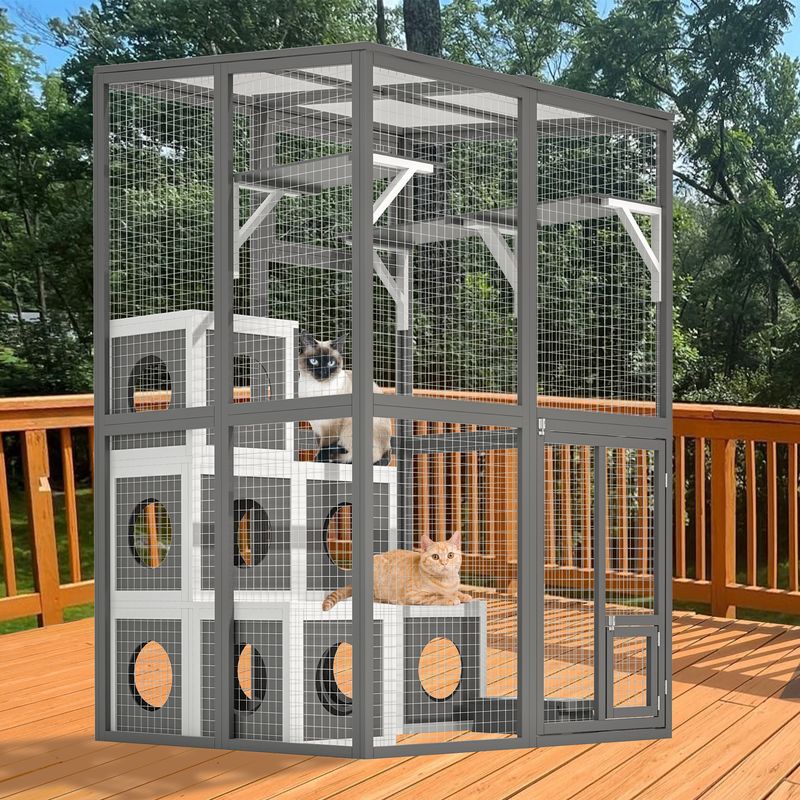 Outdoor Wooden Cat Catio - Large Solid Wood Cat Cage Playpen With 2 Jumping Platforms & 7 Napping Houses, Walk-in Cat Kennel Condo Shelter, Grey_voghion.com