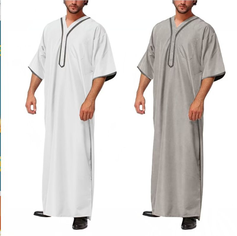 2025 Muslim Men Jubba Thobe Fixed Button Kimono Middle Robe Saudi Muslim Man Shirt Stand Collar Islamic Arab Kaftan Men Abayas_voghion.com