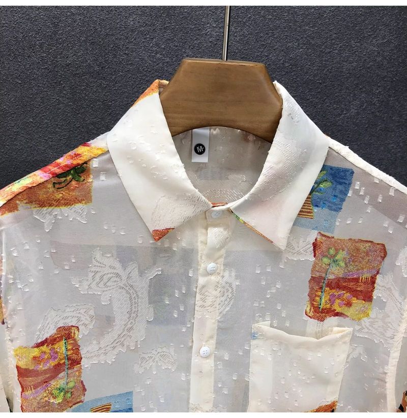 Camicia a maniche corte, sottile ed estiva, con maniche a cinque punte, floreale, da uomo, di alta qualità, in jacquard, traspirante, in seta ghiacciata, elegante._voghion.com