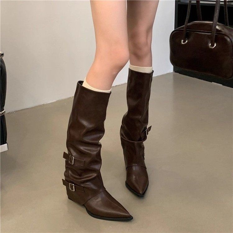 ShoeGlobe ShoeGlobe Pointed Toe Buckle Pleated Slouch For Women, Chunky 2025 Punk Riding Boots, Street Style Hot Girl High Heel Long Boots_voghion.com