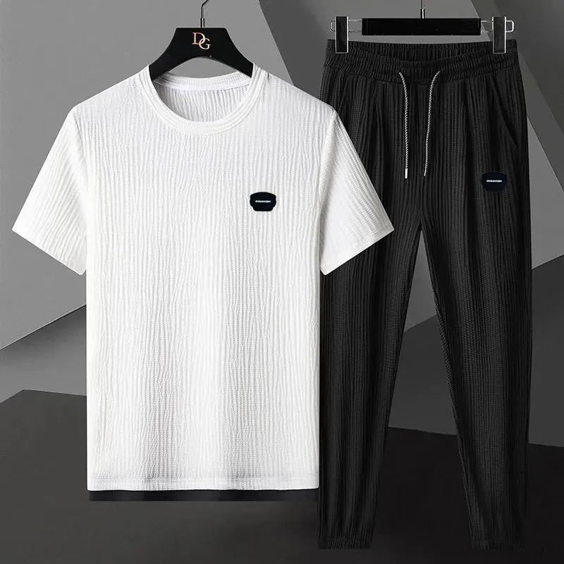 Summer Plus Size High-End Casual Sports Suit Men Ice Silk Breathable Elastic Quick-Dry Ultra-Thin Short Sleeve Two-Piece_voghion.com
