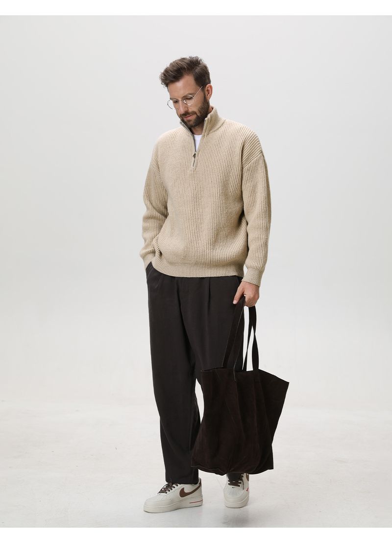 Solid Color Vertical Stripe Texture Stand-up Neck Sweater Men's Autumn And Winter Semi-zipper Knitted Sweater Lazy Loose Trendy Coat_voghion.com