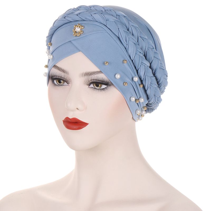 nuovo cappello foulard multicolore in tinta unita con perline per donna cappello pullover con doppia treccia con perline, stock pronto musulmano_voghion.com