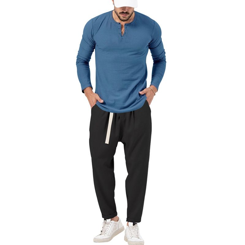 Men's solid color casual long-sleeved Henry T-shirt pantsuit_voghion.com