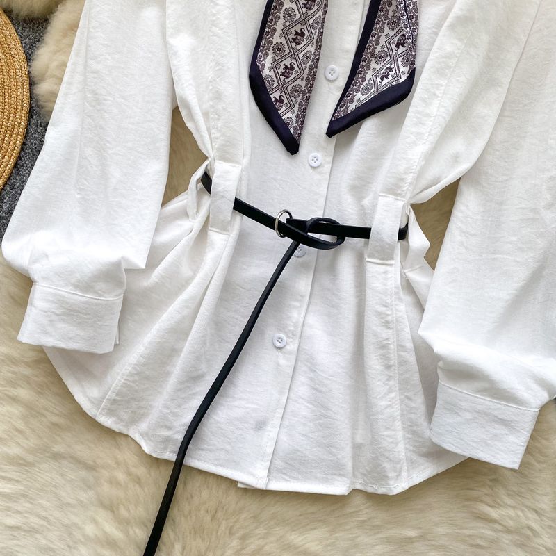 Damenbluse mit Bindegürtel – Elegantes Langarmshirt mit Gürteldetail (Weiß/Blau/Braun/Schwarz, Einheitsgröße)_voghion.com